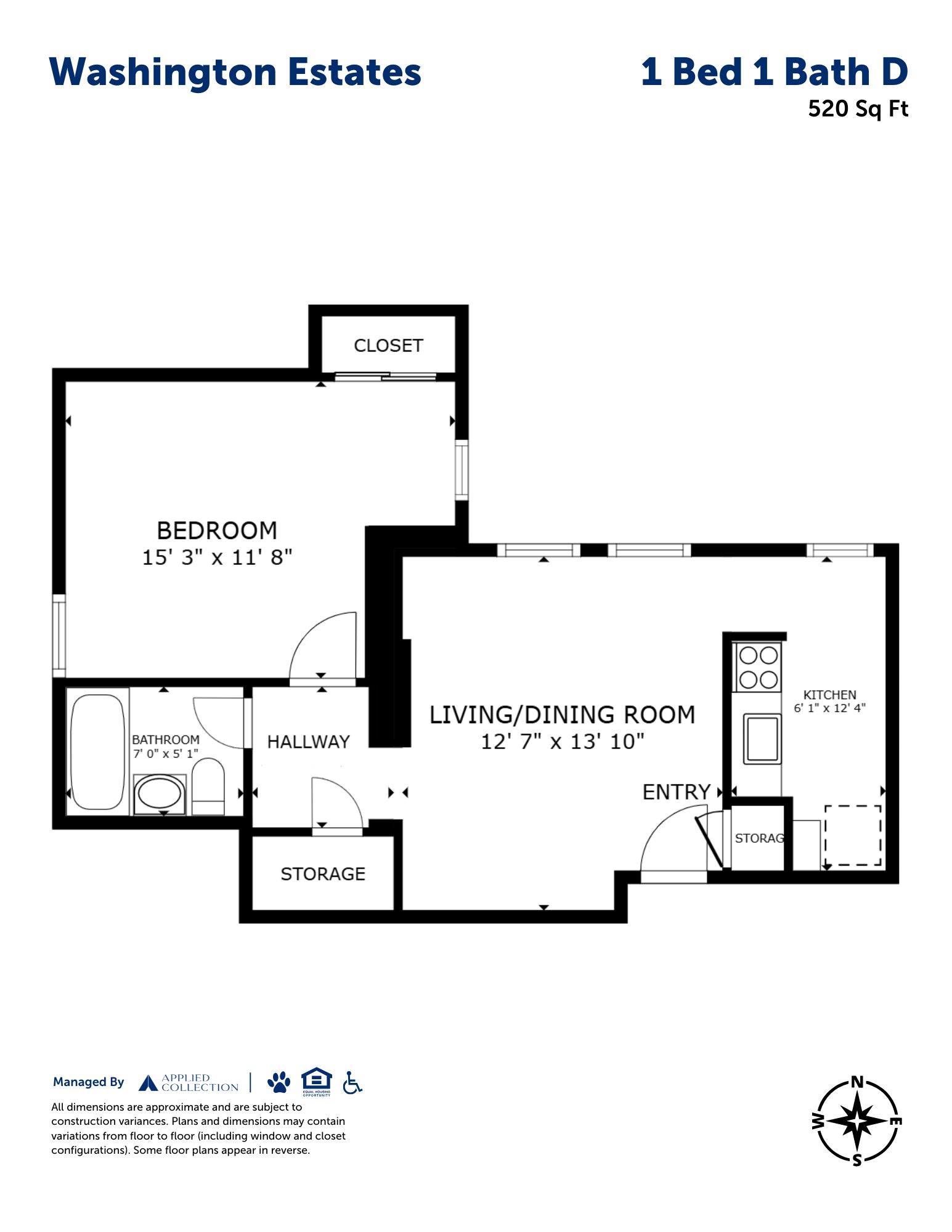 Floor plan for 1 bed, 1 bath, 520 sqft